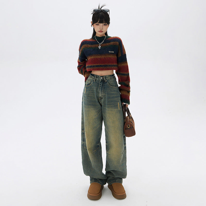 Retro Nostalgic Loose Wide-leg Jeans High Waist Slimming Drooping Straight Mop Pants apparel & accessories