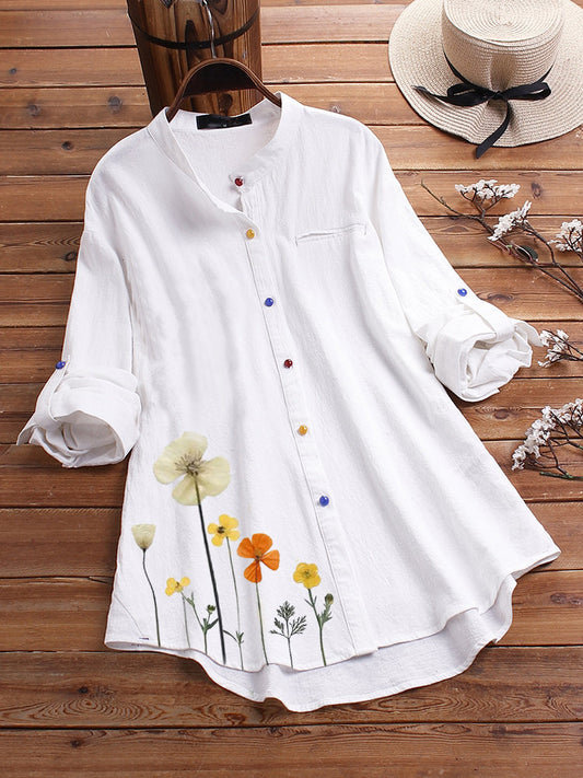 Printed Stand Collar Color Button Shirt Women apparels & accessories