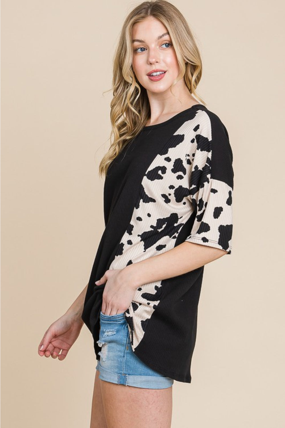 BOMBOM Rodeo Love Ribbed Animal Contrast Tee Dresses & Tops