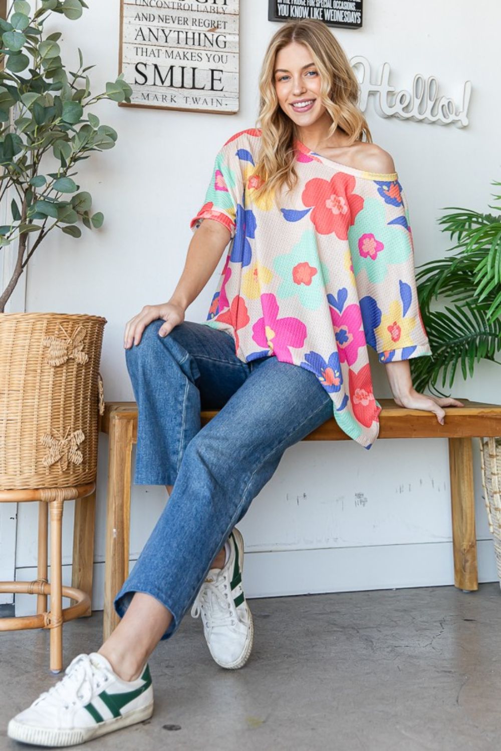 HOPELY Floral Waffle Oversize T-Shirt Dresses & Tops