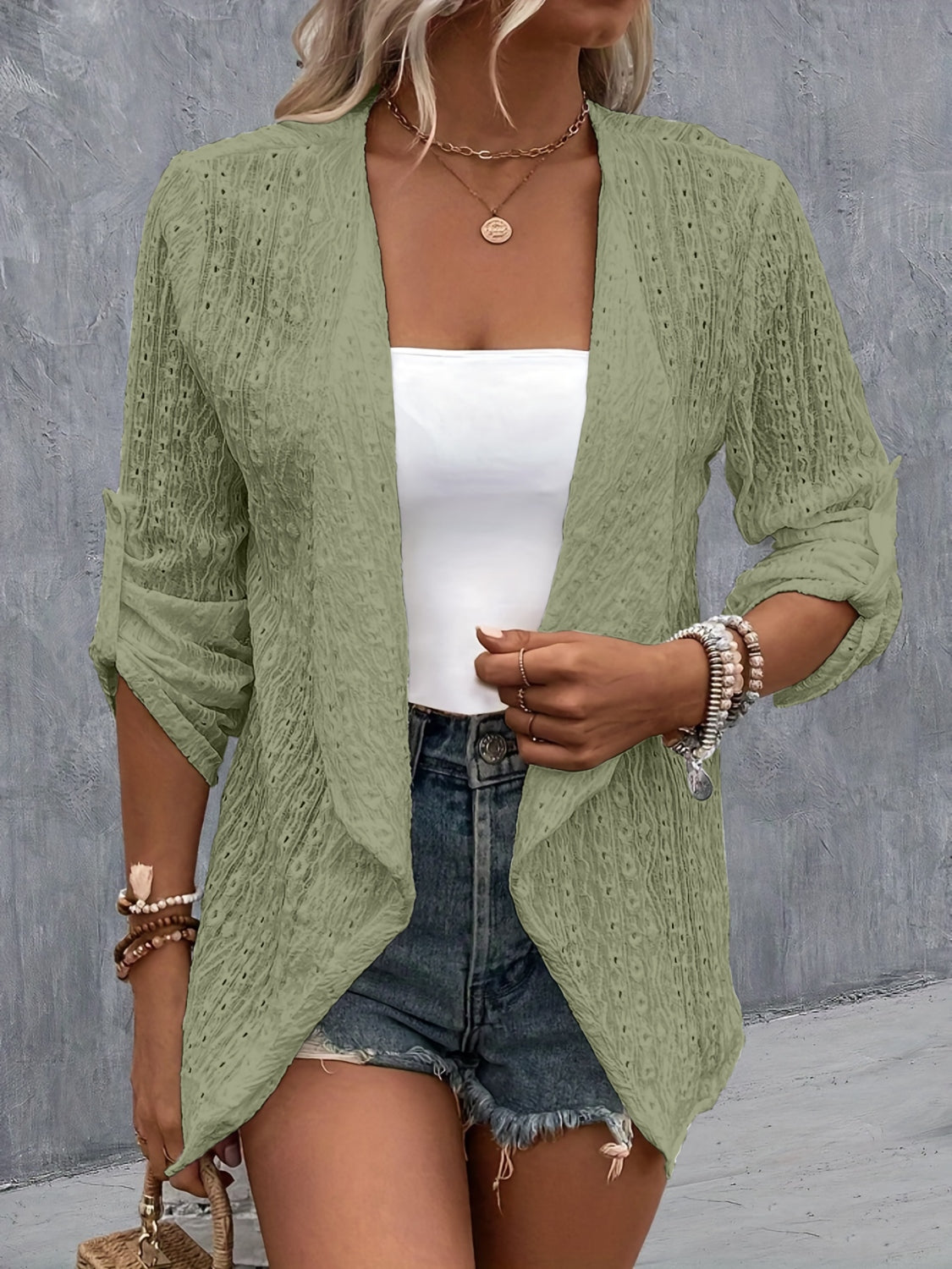 Eyelet Roll-Tab Sleeve Cardigan apparel & accessories