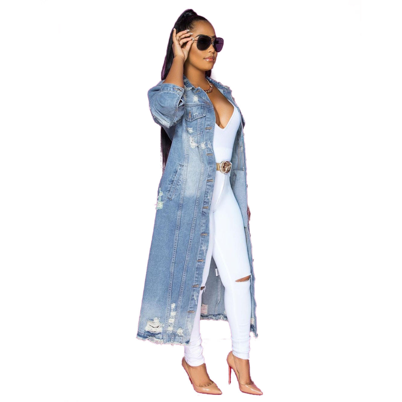 Blue Hole Washed Loose Long Sleeve Denim Coat apparels & accessories