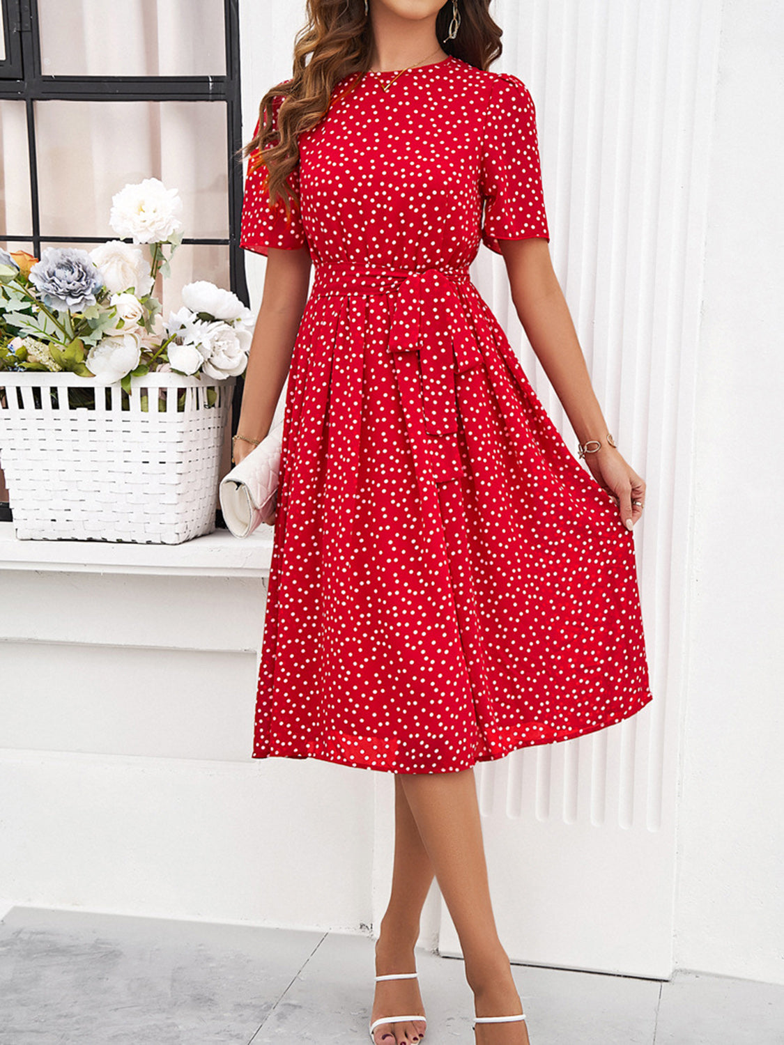 Printed Round Neck Short Sleeve Dress Dresses & Tops