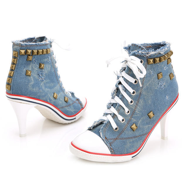 Round Toe Women's Shoes Denim High Heels Shoes & Bags