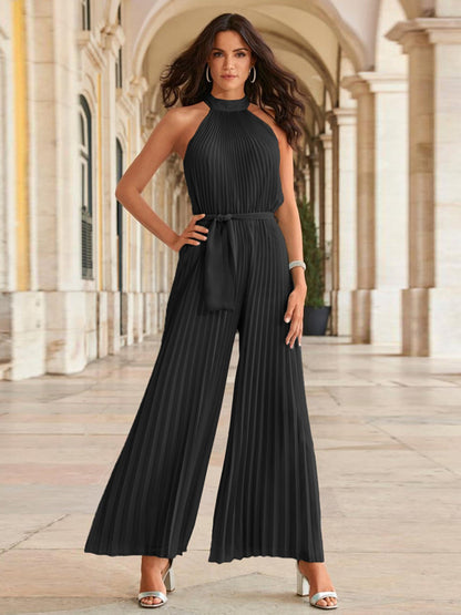 Cutout Tied Pleated Sleeveless Jumpsuit Dresses & Tops