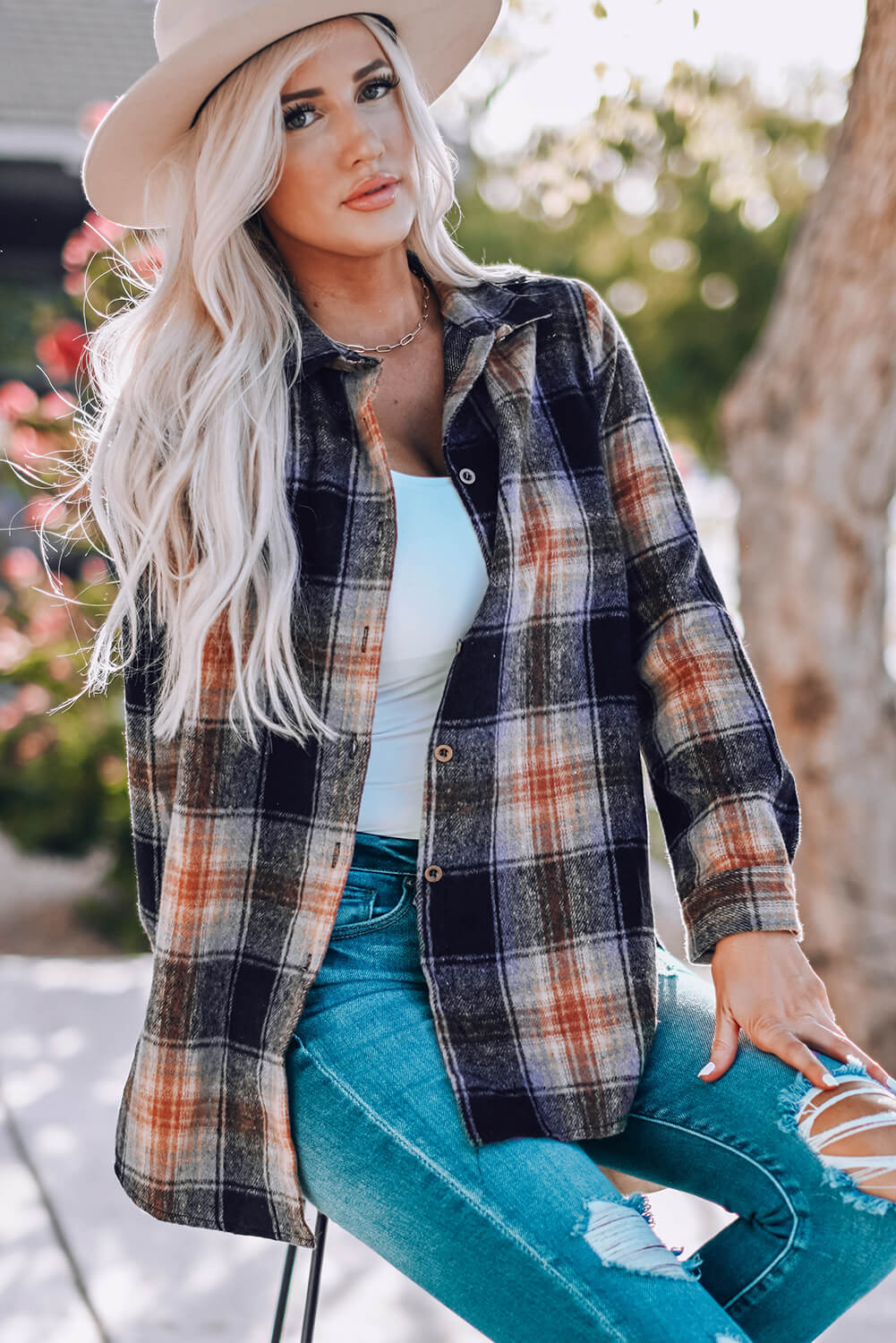 Double Take Plaid Side Slit Curved Hem Shirt Dresses & Tops