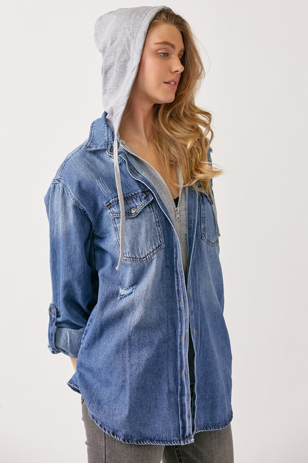 RISEN Zip Up Hooded Denim Shirt Dresses & Tops