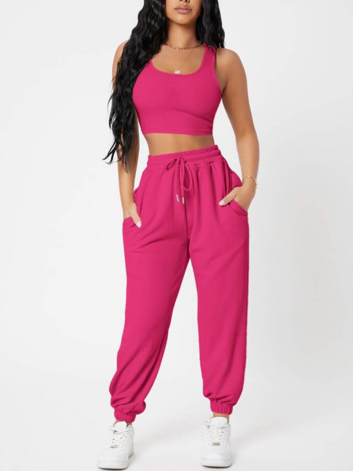 Wide Strap Top and Drawstring Joggers Set Bottom wear