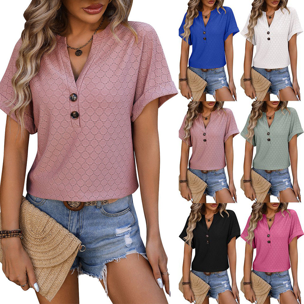 Hollow Circle Design T-shirt V-neck Button Solid Color Short-sleeved apparel & accessories