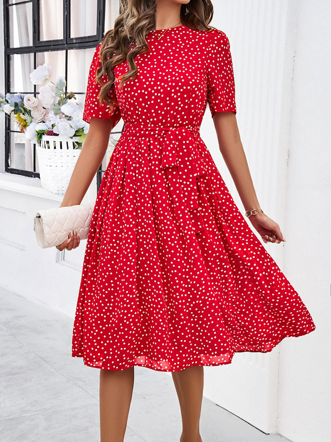 Printed Round Neck Short Sleeve Dress Dresses & Tops