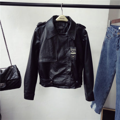 Slim lapel short PU female leather jacket apparels & accessories