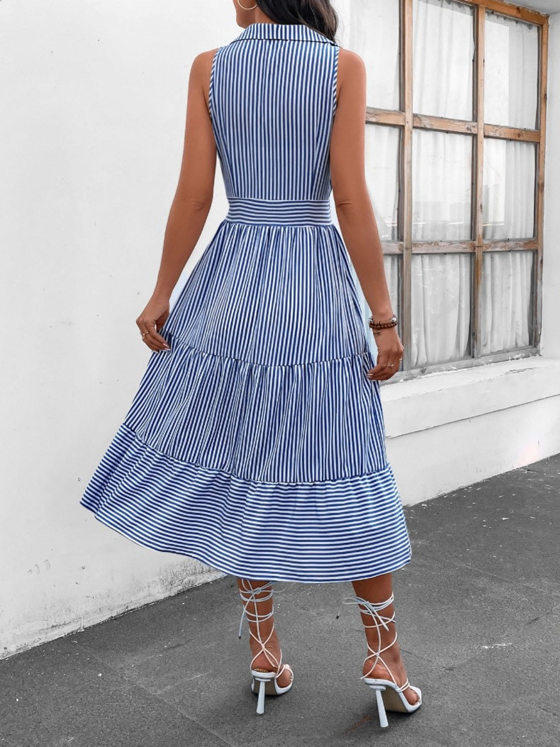 Striped Johnny Collar Sleeveless Midi Dress Dresses & Tops