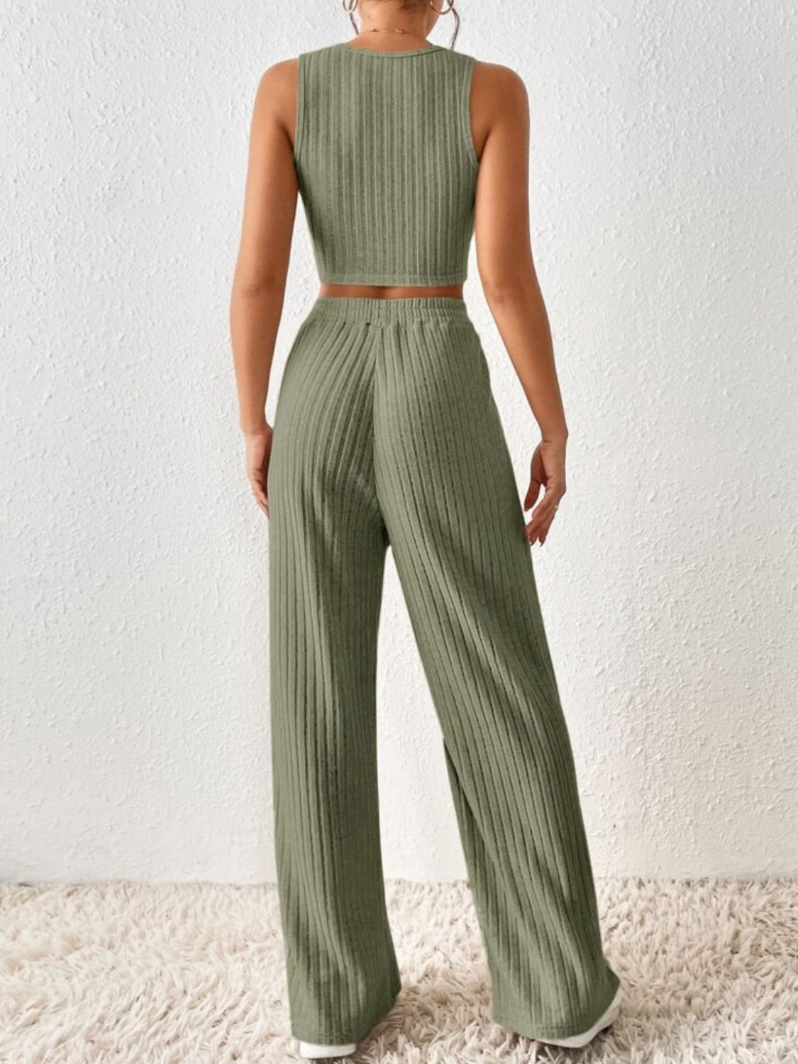 Ribbed Round Neck Tank and Pants Sweater Set apparel & accessories