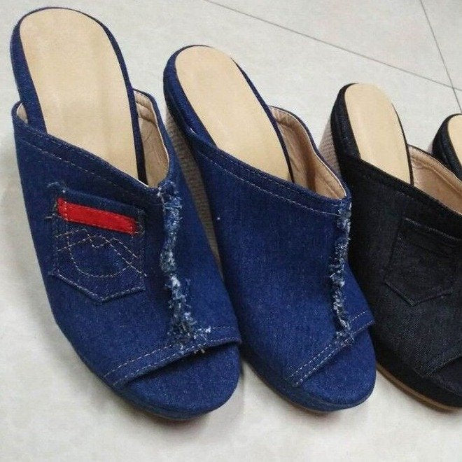 Denim high heels wedge sandals apparel & accessories