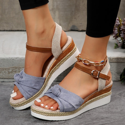 Thick-soled Bow Sandals Summer Fashion Casual Linen Buckle Wedges Shoes For Women Shoes & Bags