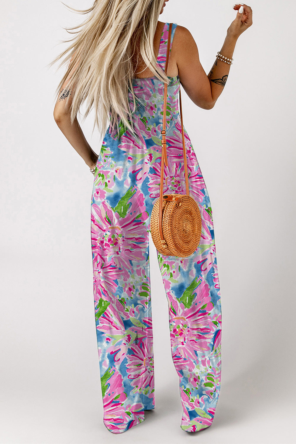 Floral Smocked Square Neck Jumpsuit with Pockets apparel & accessories