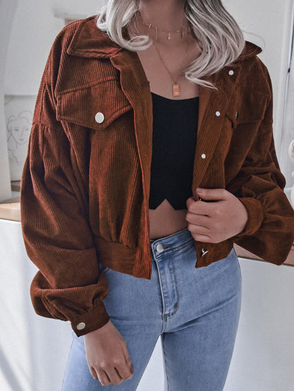 Lantern Sleeve Cropped Corduroy Jacket apparel & accessories