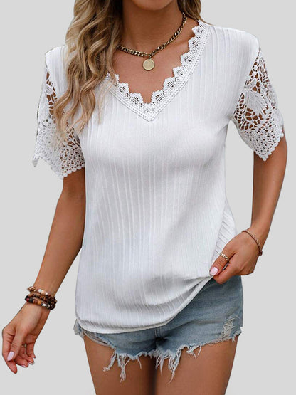 Lace Detail V-Neck Short Sleeve Blouse apparel & accessories