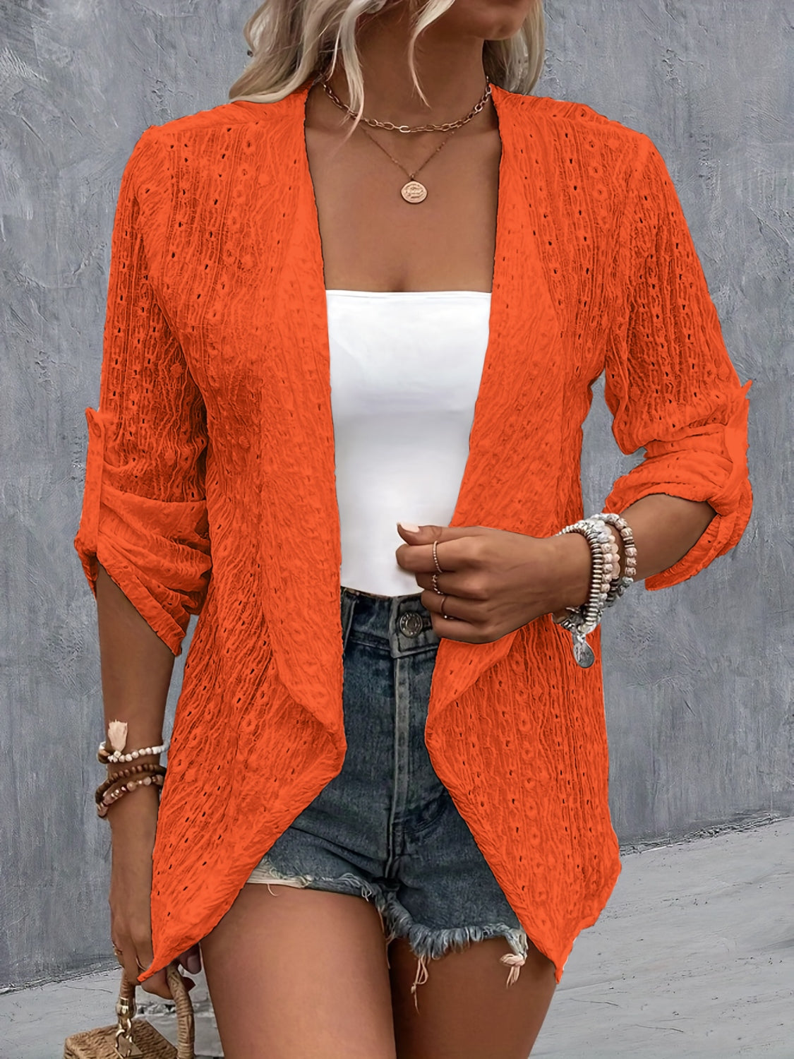 Eyelet Roll-Tab Sleeve Cardigan apparel & accessories