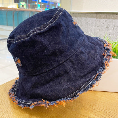 Made Of Old Rough Edge Denim Fisherman Hat Women's Sun Protection Retro Jewelry