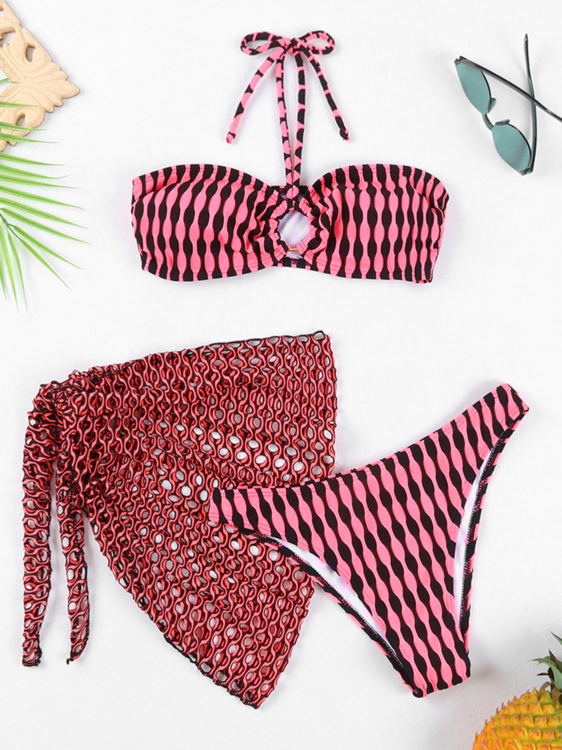 Geometric Halter Neck Three-Piece Swim Set apparels & accessories