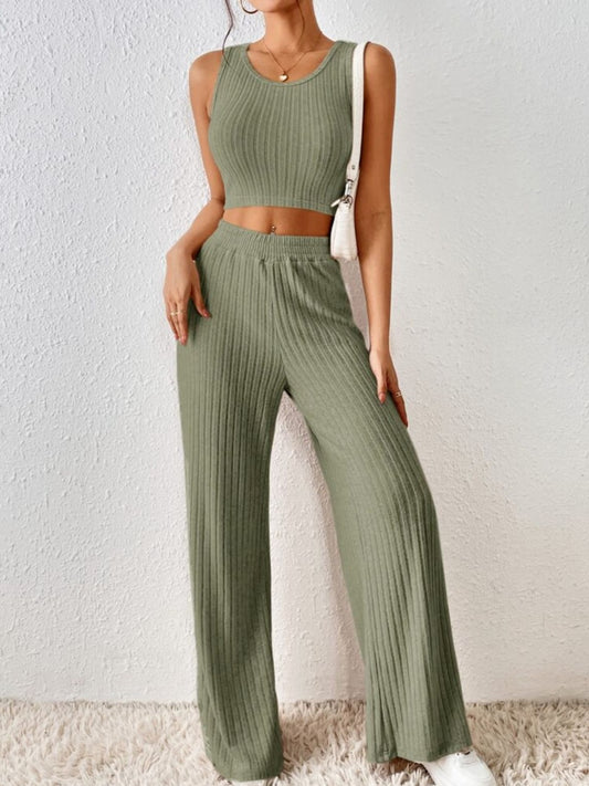 Ribbed Round Neck Tank and Pants Sweater Set apparel & accessories
