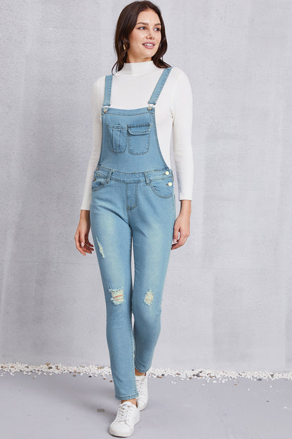 Distressed Washed Denim Overalls with Pockets Bottom wear