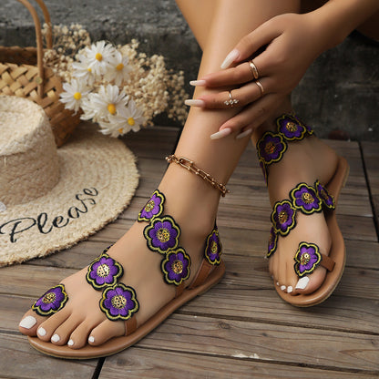 Ethnic Style Flowers Flat Sandals Summer Vacation Casual Clip Toe Beach Shoes For Women Shoes & Bags