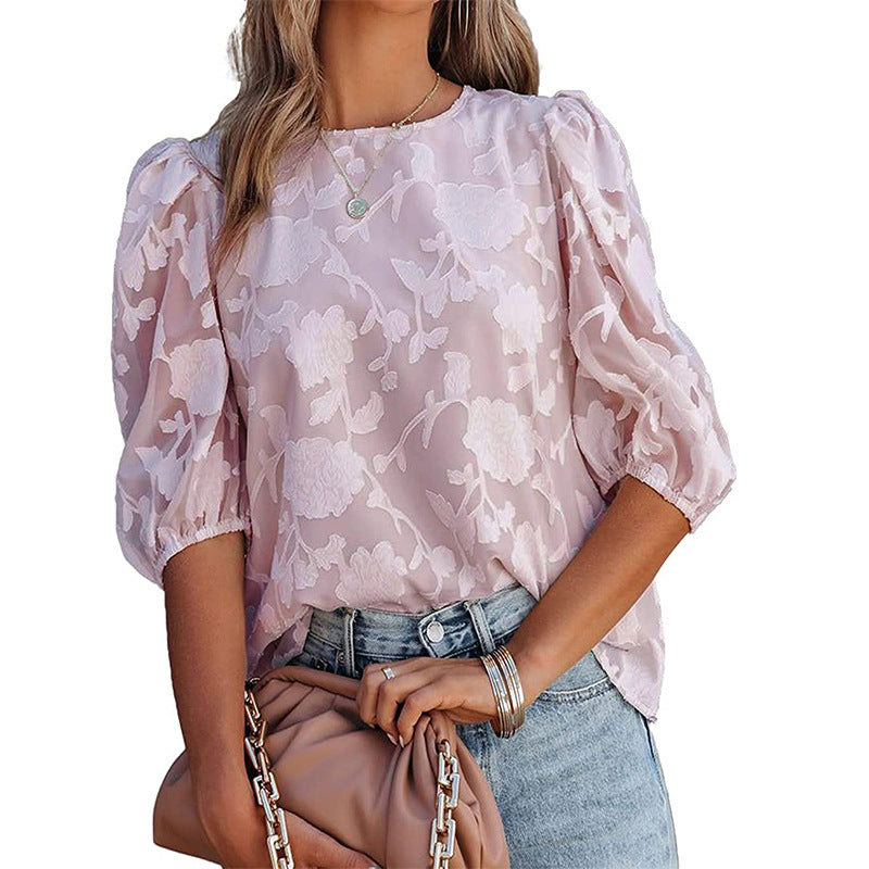 Women's Puff Sleeve Chiffon Loose Top Flower Texture Shirt apparel & accessories