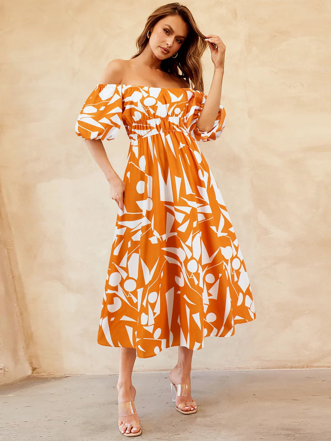 Printed Off-Shoulder Balloon Sleeve Dress apparel & accessories