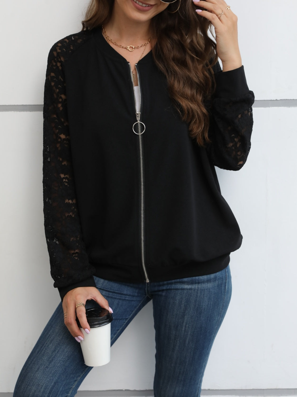 Lace Zip Up Long Sleeve Jacket apparel & accessories