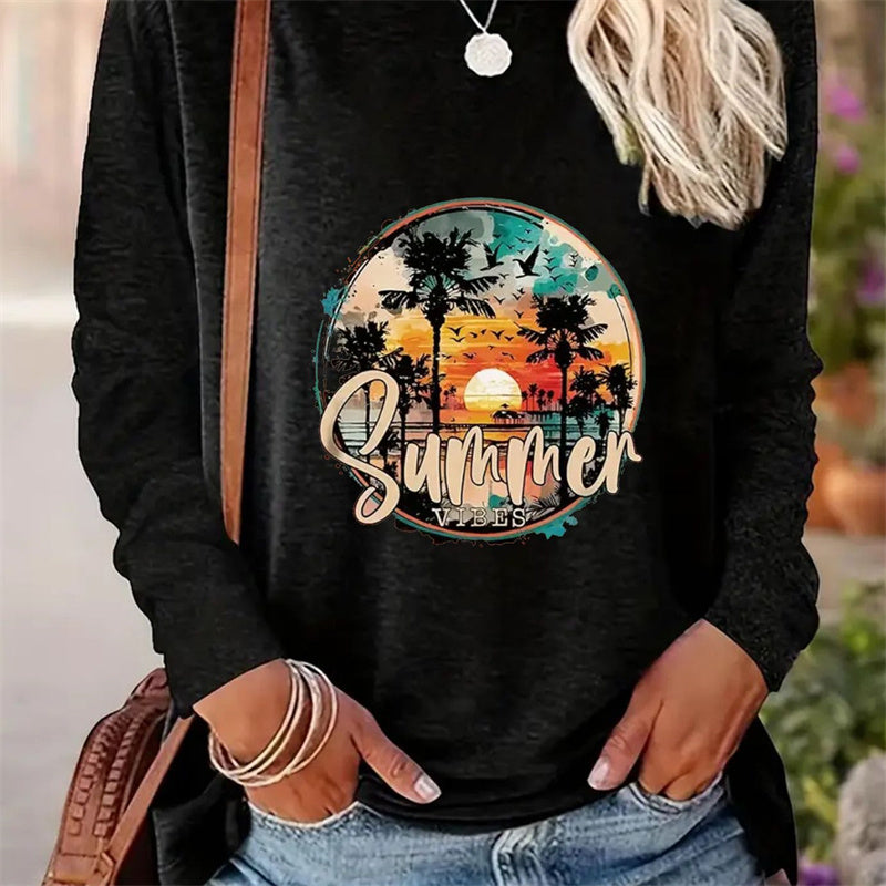 Autumn Women Casual Simple Pattern Printed Round Neck Long Sleeve T-shirt apparels & accessories