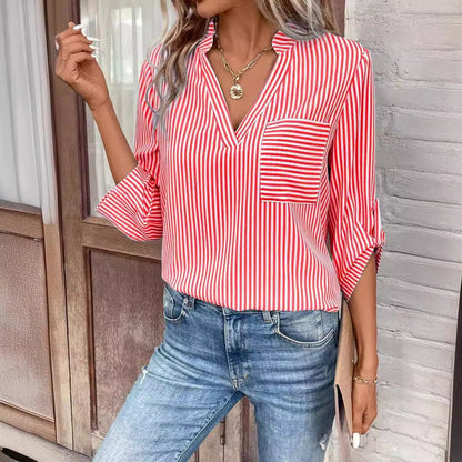 Women's V-neck Pullover Striped Printed Long Sleeves Casual Shirt apparel & accessories