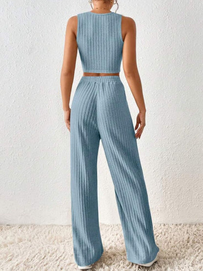 Ribbed Round Neck Tank and Pants Sweater Set apparel & accessories