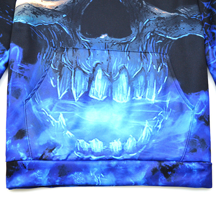 Blue Skull Printed Hood Pocket Pullover Sweater T-Shirt