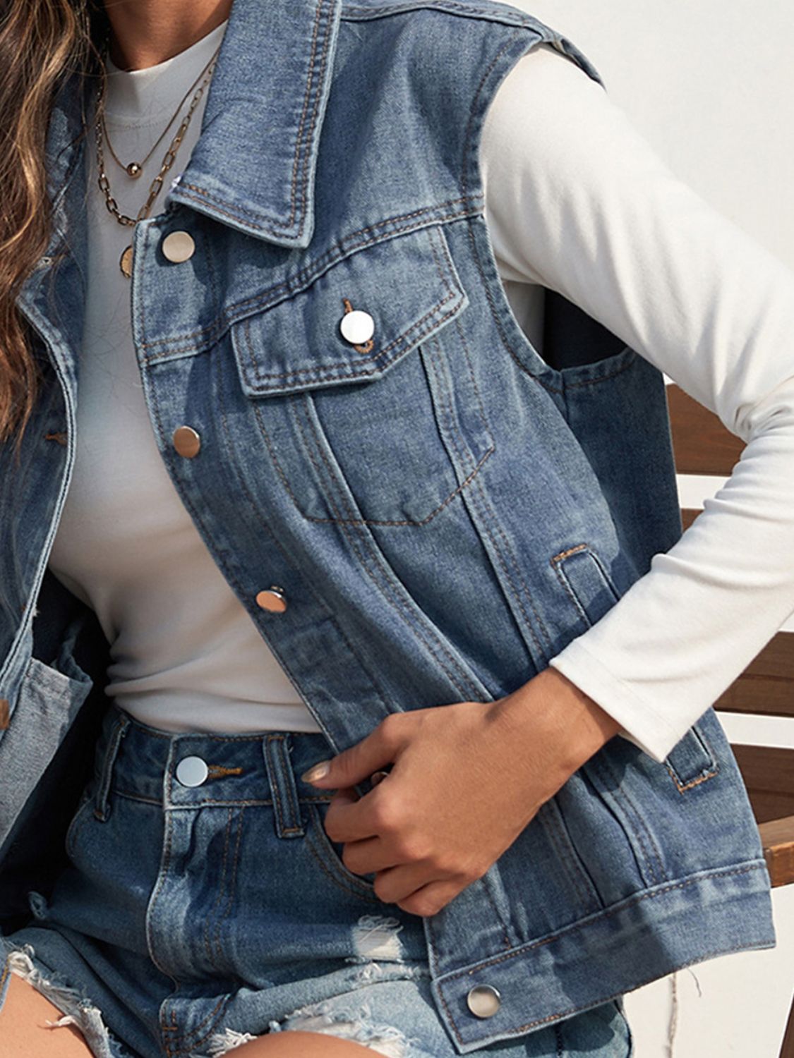 Collared Neck Sleeveless Denim Jacket Dresses & Tops