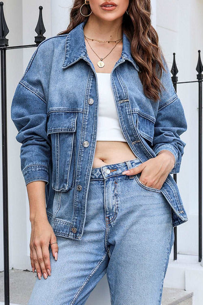 Button Up Dropped Shoulder Denim Jacket with Pockets Dresses & Tops