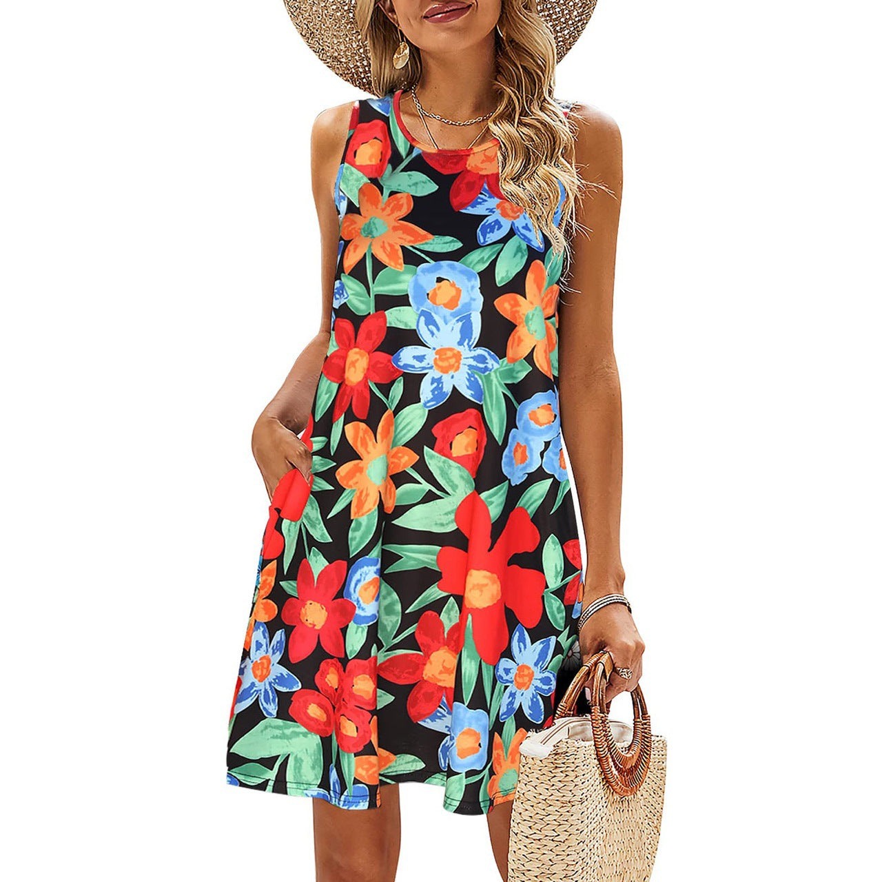 Printed Vest Pocket Dress Women apparels & accessories