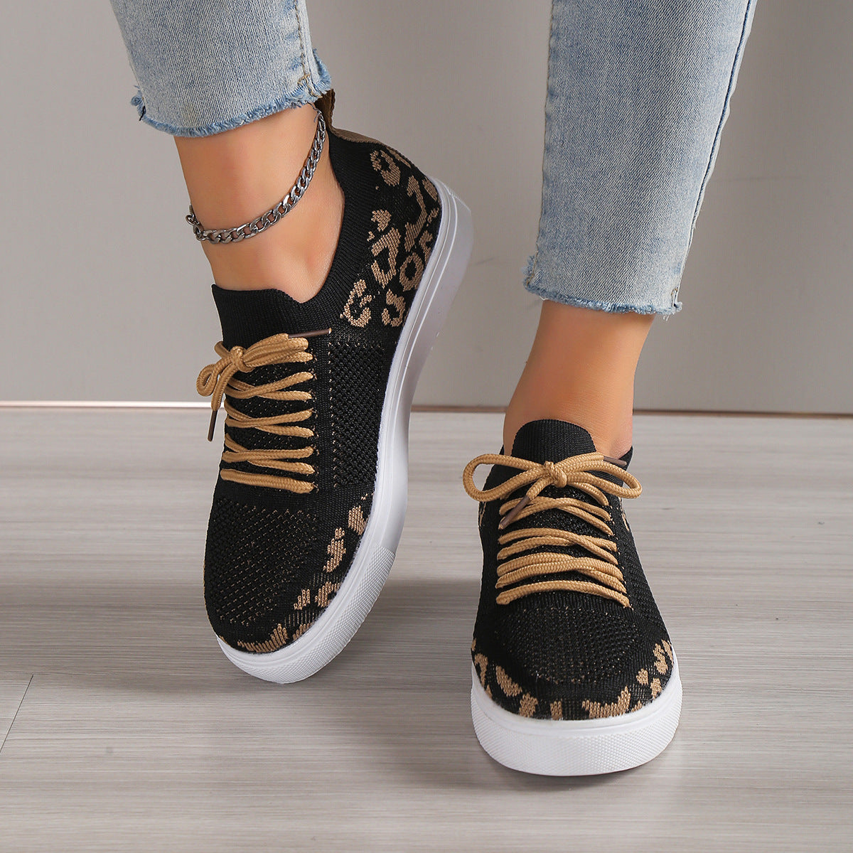 Lace-Up Leopard Flat Sneakers Shoes & Bags