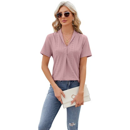 V-neck Hollow Design T-shirt Summer Loose Short-sleeved Top For Womens Clothing apparel & accessories