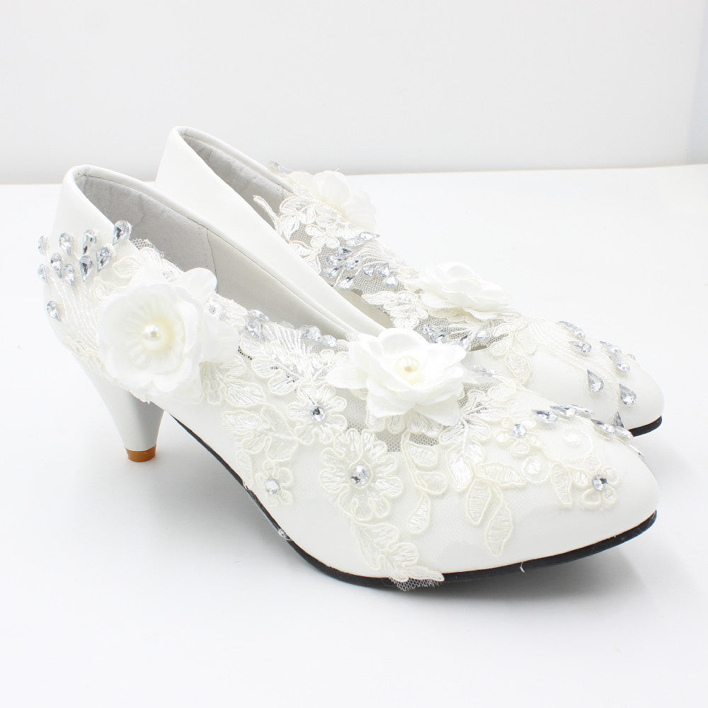 3D Floral White Lace High Heels Shoes & Bags