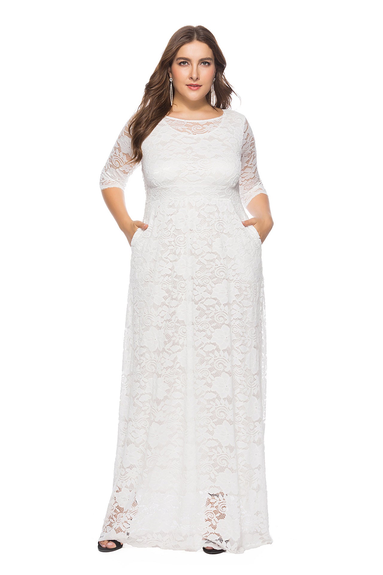 Plus Size Women New Hollow Lace Pocket Dress Dresses & Tops