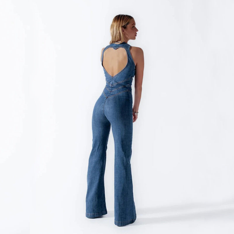 Summer Slim Heart-shape Backless Denim Jumpsuit Women Halter Neck Zip Up High Waist Panst Retro Style Clothing apparel & accessories