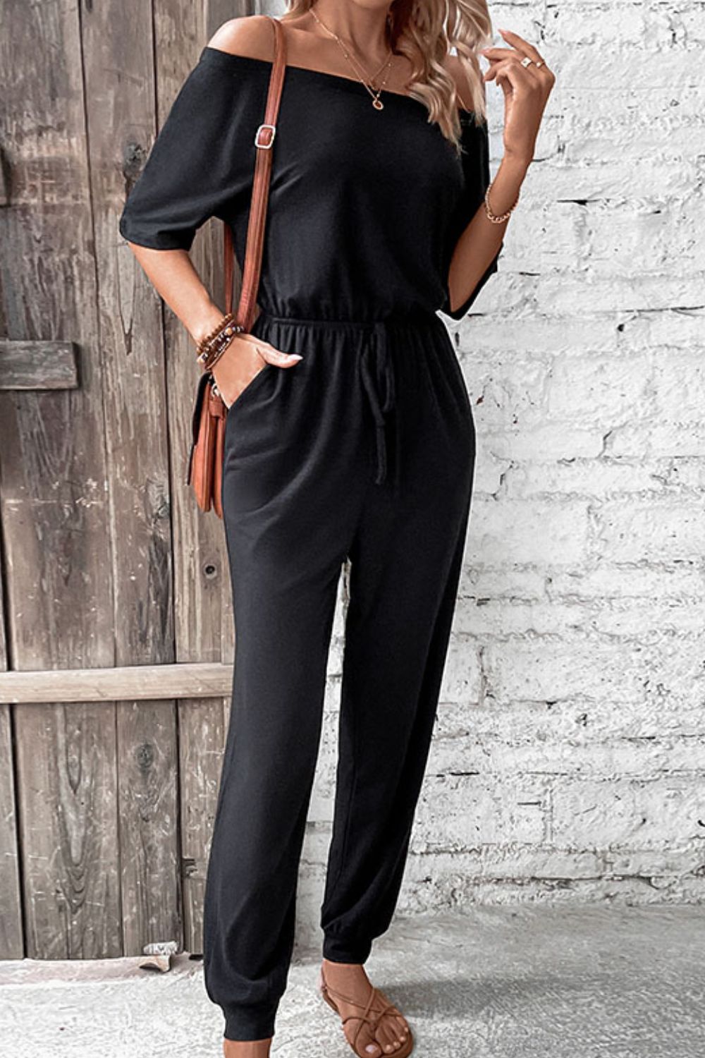 Off-Shoulder Jumpsuit with Pockets apparel & accessories