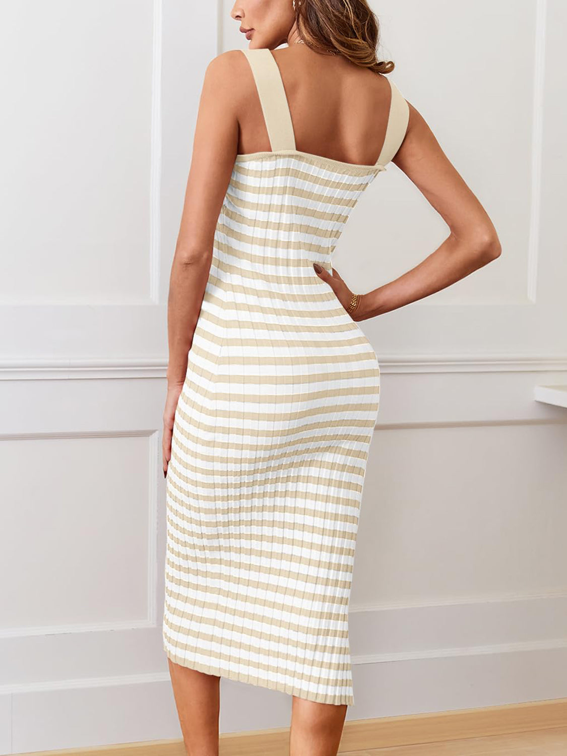 Slit Striped Square Neck Cami Dress Dresses & Tops