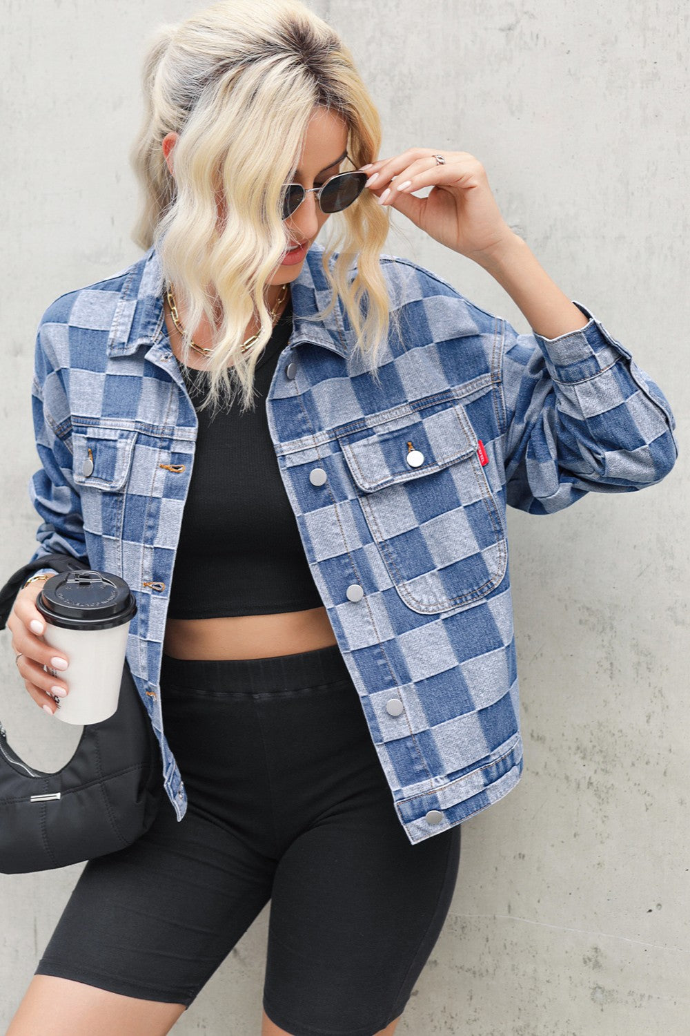 Checkered Button Up Long Sleeve Denim Jacket Dresses & Tops