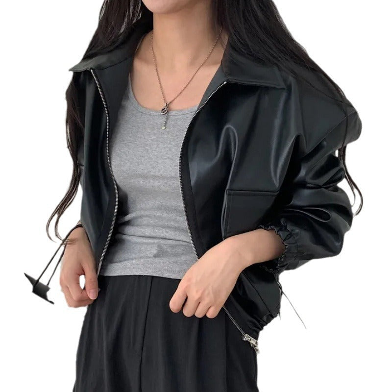 Lapel Double Zipper Pocket Long Sleeve Leather Coat apparels & accessories