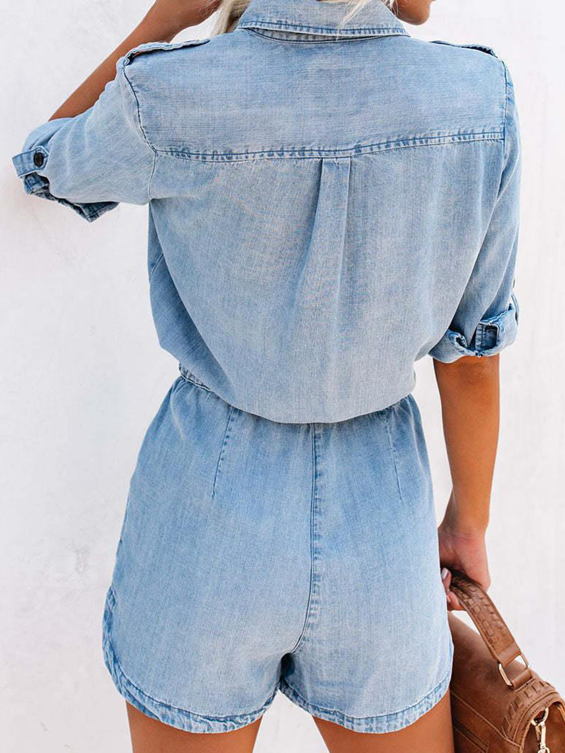 Drawstring Half Button Half Sleeve Denim Romper apparel & accessories