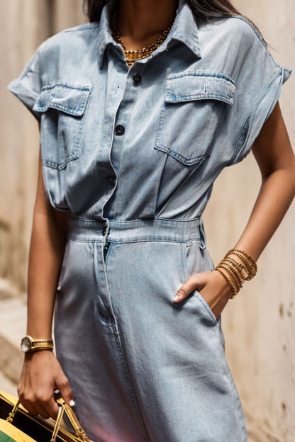 Slit Pocketed Half Button Denim Dress apparel & accessories