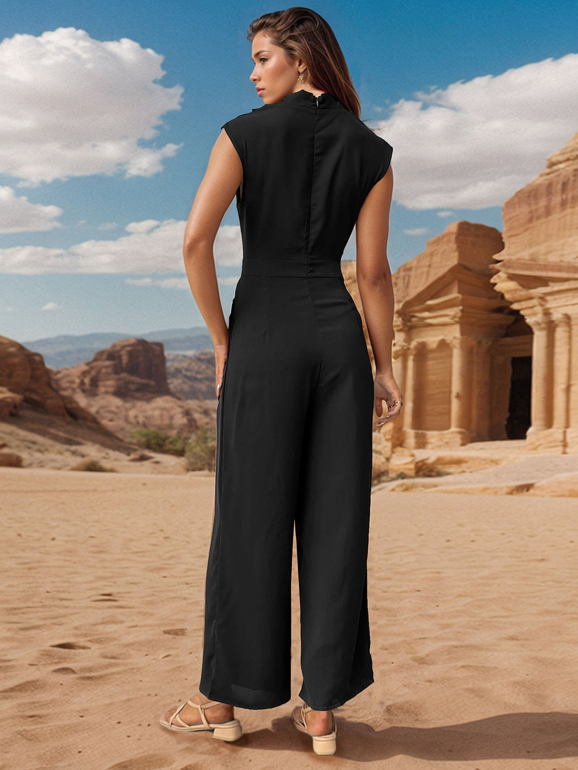 Ruched Mock Neck Sleeveless Jumpsuit apparel & accessories